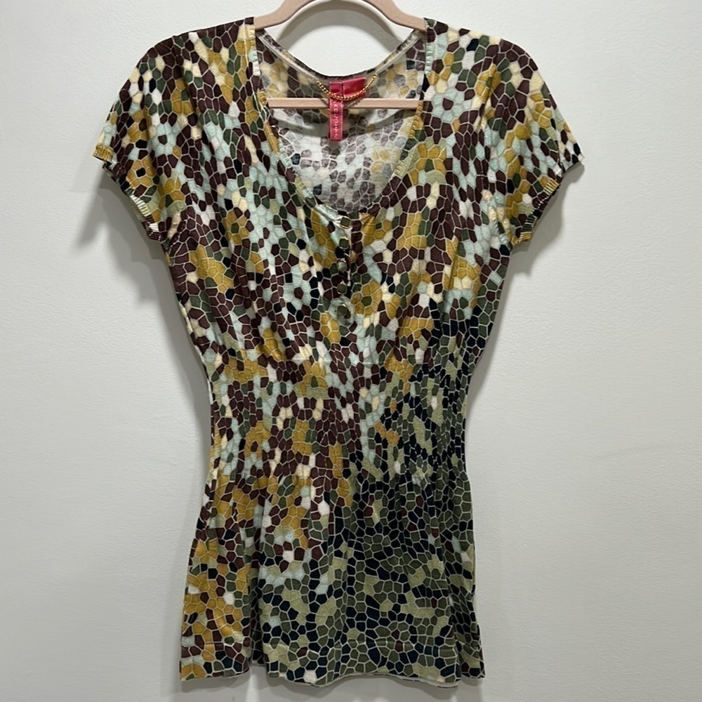 CHARLOTTE Tarantola Boho Short Sleeve Mosiac Top Size Large